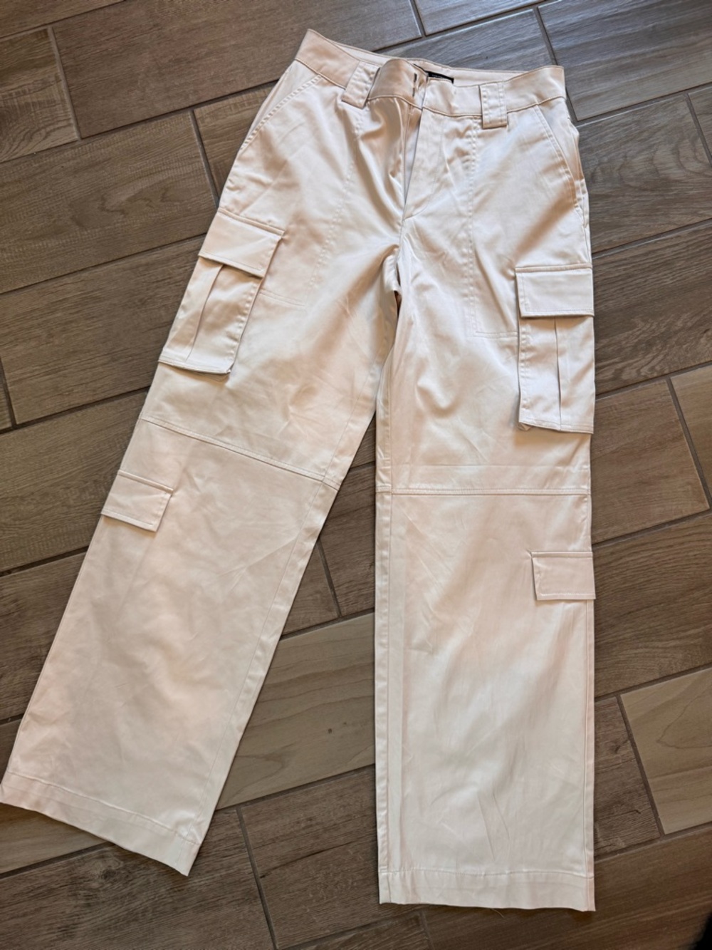 Zara Satin Cargo Pants in Light Cream - Utility Straight Fit